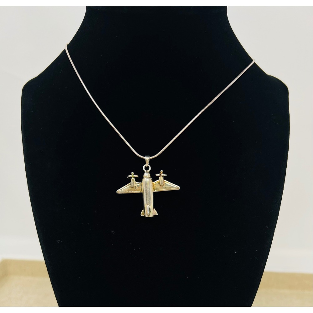 Vintage Sterling Silver Airplane Pendant Necklace 18in Snake Chain Italy
